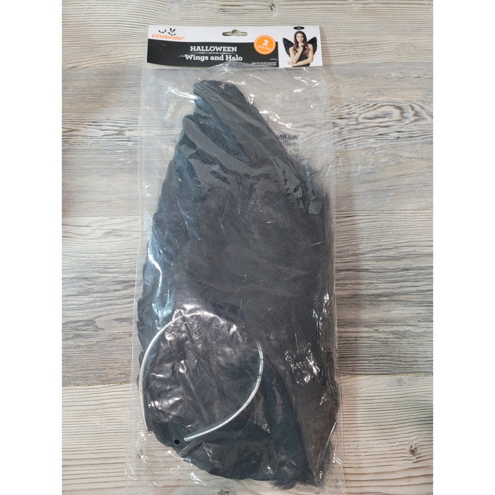 Wings & Halo Black Halloween 2 piece NEW Sealed wings are 15 ins long